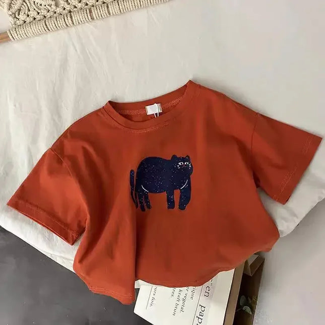 Korean Streetwear Vintage Cartoon Print Unisex Kids T-Shirts 100% Cotton Oversized Summer Tees for Boys & Girls 1-7Years