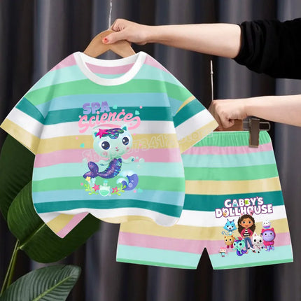 Gabby Dollhouse Children Summer Clothes Shorts Suit 2pcs Striped T-shirt Set Kid Tops Girl Tracksuits Outfits Boy Sport Tee Gift