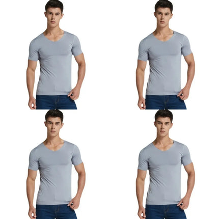 4Pcs Summer Ice Silk Men T-Shirt Vest Men's No Trace Sports Short Sleeve T-shirt Solid V-neck Tees Quick Dry Shirt Tops Fitness