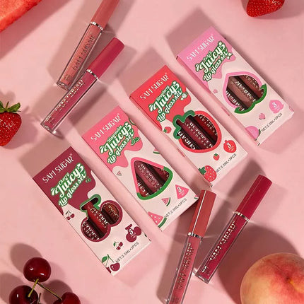 Fruit Cherry Strawberry Liquid Lipstick Makeup Kit Non Stick Cup Colorfast Long Lasting Velvet Matte Peach Lip Gloss Set 3pc/set