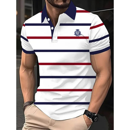 Luxury brand lettered short-sleeved polo shirt, fashionable striped summer breathable T-shirt, high-end Korean style men's clothing