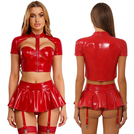 Womens 2 Piece PU Leather Rave Outfits Wet Look Cut Out Underwired Crop Top with Flared Miniskirt Nightclub Pole Dance Costume