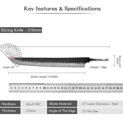 TURWHO 10.5" Hand Forged Japanese Damascus Steel Kitchen Chef Knives DIY Handle Fish Fillet Sushi Salmon Sashimi Slicing Knife