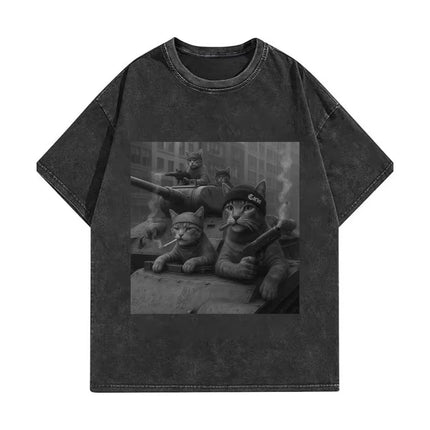 Funny Cat Gang Meme Graphic T Shirts Men's Women's Fashion Vintage Washed T-shirt Summer High Quality Cotton T-shirts