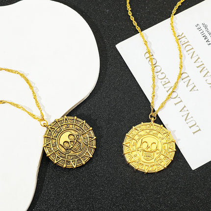 Pirates of the Caribbean Jack Sparrow Aztec Skeleton Skull Heads Coin Medallion Pendant Vintage Jewelry Necklace for Wholesale