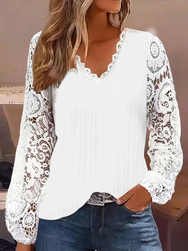 Plus Size 1XL-5XL Women's Fashion Contrast Long Sleeve Guipure Lace Shirt Ladies Casual Lantern Sleeve Loose Blouse