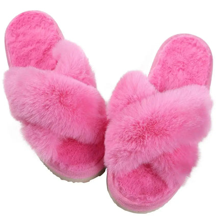 Evshine Women Fuzzy Slippers Fashion Cross Band Memory Foam House Slippers Indoor Outdoor Open Toe Plush Slides Casual Flat Shoe