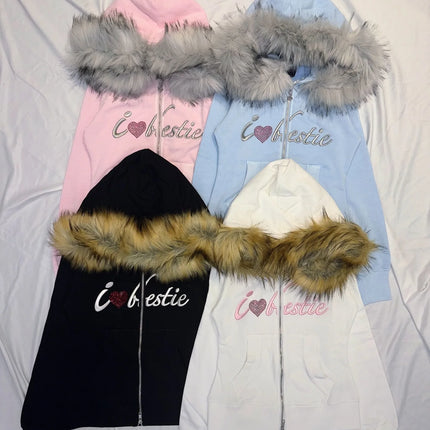 Harajuku Letter Embroidery Double Zipper Hoodie Women American Retro Fur Collar Oversized Sweatshirt Trendy Gothic Streetwear
