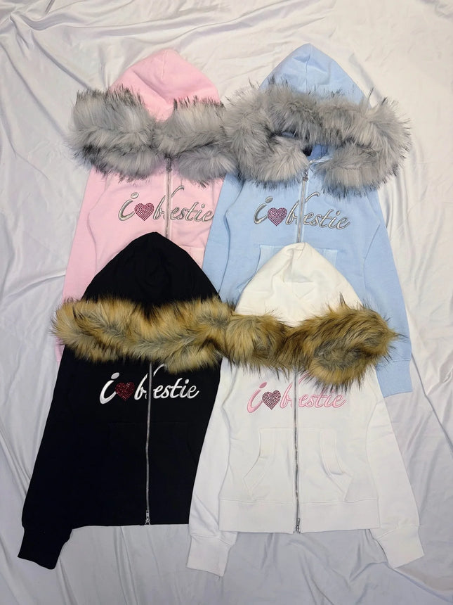 Harajuku Letter Embroidery Double Zipper Hoodie Women American Retro Fur Collar Oversized Sweatshirt Trendy Gothic Streetwear