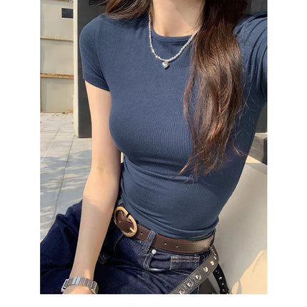 Basic Solid Crop Top Short Sleeve Crewneck Skinny T-shirt Summer Casual Tee for Women y2k Vintage Top Harajuku Streetwear