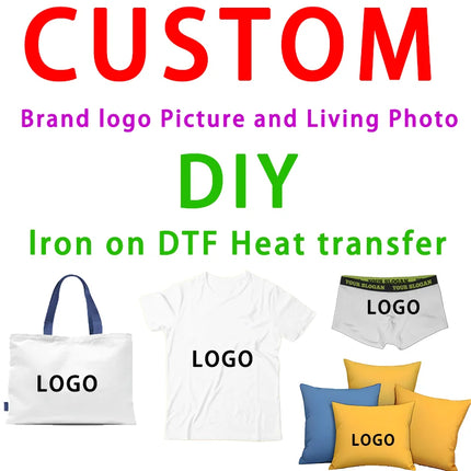 Custom Logo or Picture Iron On Heat transfer Stickers For Clothing DIY Washable T-Shirts Thermal Patch DTF Colorful Vinyl
