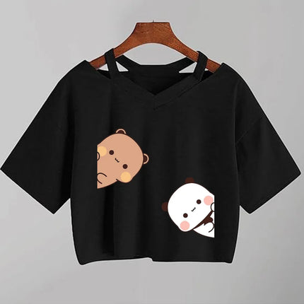 Kawaii Bubu Dudu Anime T Shirt Women Cartoon Panda Bear  Black Shirt Y2k  Aesthetic Female Crop Top