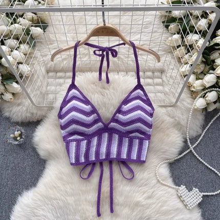 Beach Vacation Style Cami Top Women Design Sense Color Blocking Hook Flower Slim Fit Camisole Short Sexy Exposed Navel Crop Tops