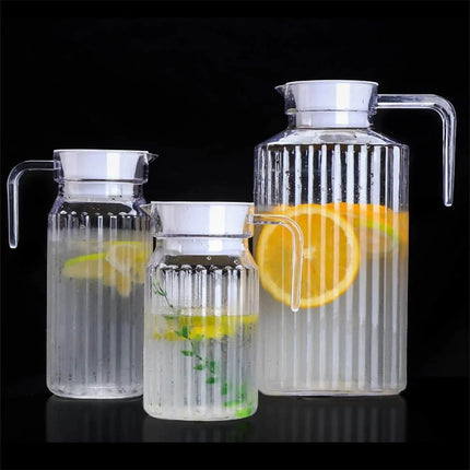 1pc Acrylic Pitcher Transparent Juice Bottle with Lid, Striped Water Ice Cold Juice Jug Non-Slip Handle for Bar Home Homemade Be