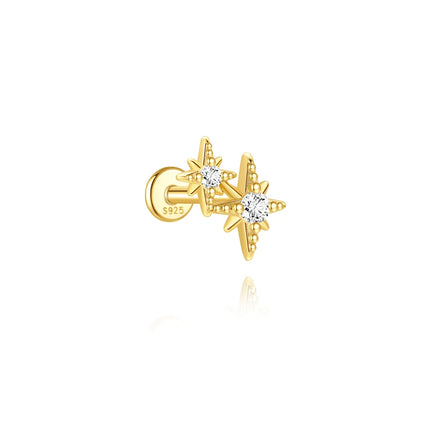 CANNER 1Pc 925 Silver Smooth Stars Moon Stud Earrings For Women 18K Gold Flat Head Threaded Puncture Ear Bone Ins Fine Jewelry