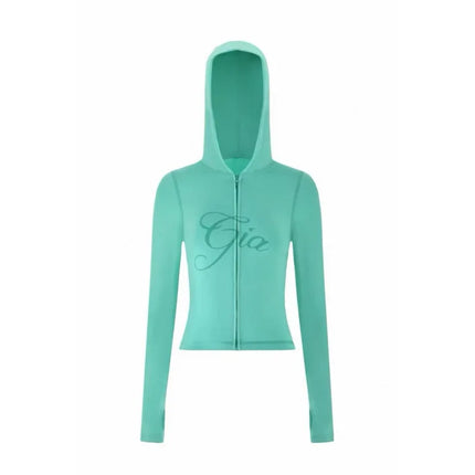 Gia Slim-Fit Letter Print Topstitching Design Hooded Zip-Up Jacket and Pants Set