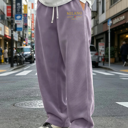 Men's Standing Corduroy Wide Leg Pants with Elastic Drawstring, Loose Straight Leg Pants, MILANO Letter Print, Choose From S-4XL