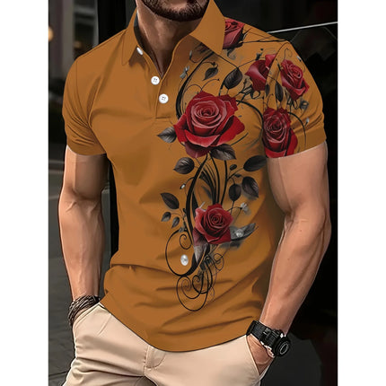 Men's Fashion Shirt Printed Design Short Sleeved Shirt,Casual Short Sleeved Shirt -Bright BlueRed Rose and Black Leaf Full Print