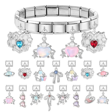 Wholesale Colorful Shiny Zircon Heart Bows Pendant Italian Charm Links Fit 9mm Stainless Steel Bracelet Women Jewelry DIY Making