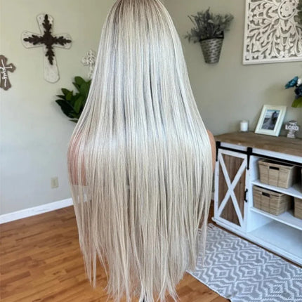 Ombre Platinum Blonde Wig Straight Lace Front Wig With Bangs 13x4 HD High Quality Synthetic And Blend Lace Pre Plucked Cosplay