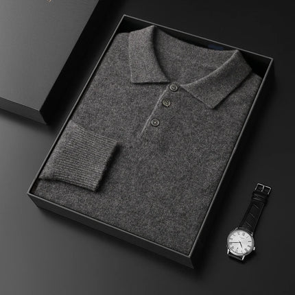 Men's POLO Collar Knitted Pullover Sweater 100% Cashmere Long Sleeved Shirt Casual Business Solid Color Men's Tops Autumn Winter