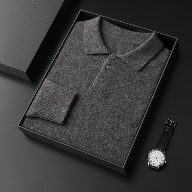 Men's POLO Collar Knitted Pullover Sweater 100% Cashmere Long Sleeved Shirt Casual Business Solid Color Men's Tops Autumn Winter