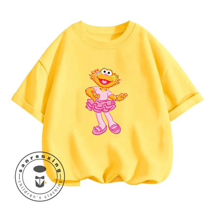 2026 Summer Fashion Sesame Street Crew Neck T-Shirt 3-14Y Boys Girls Cute Kawaii Cartoon Street Hot Outdoor Casual Lovely