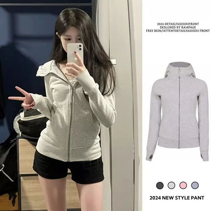 Slim Fit Pure Color Cotton Hoodie Jaet Women's Spring Autumn Zipper Cardigan Waist Cinching Sweatirt Korean Sle Top
