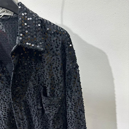 Spring Autumn Men's Sequins Shirt Solid Color Luxury Lapel Single Breasted Long Sleeve American Fashion Party Shining Shirts