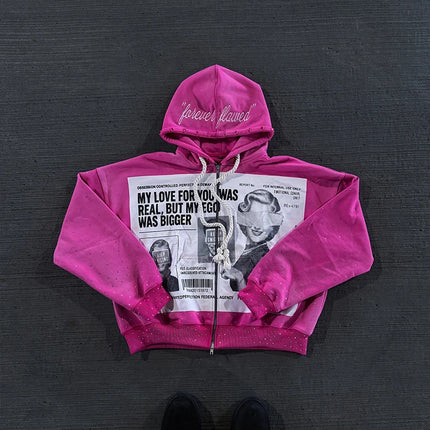 Street trend American retro ins style zipper hooded sweater printing pattern design unisex high street fashion hoodie