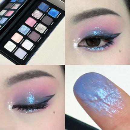 12 Colors Metallic Eyeshadow Palette Pearl Matte Sparkling Shimmer Blue Eye Shadow Highlighter Brighten Glitter Halloween Makeup