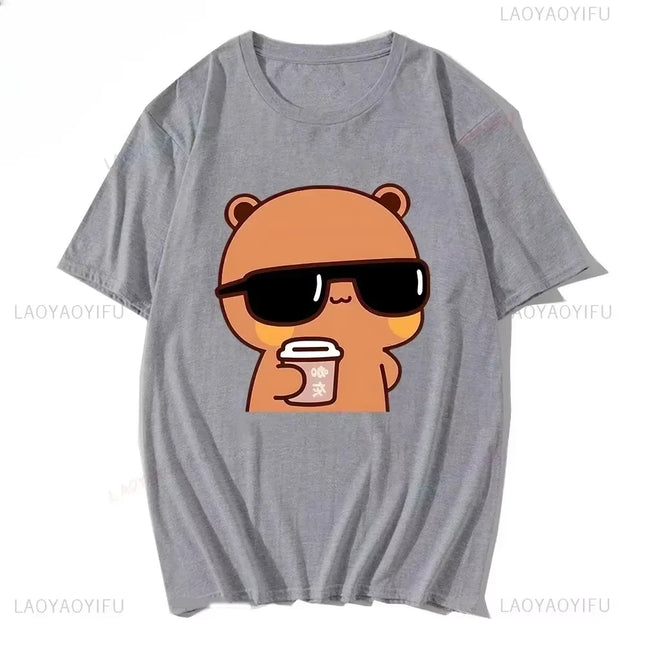 Couple Tee Bubu Is Watching Movies and Milk Tea with Dudu T-shirt Cartoon Cute Graphic Tees for Ladies Kawaii Cotton Unisex Tops