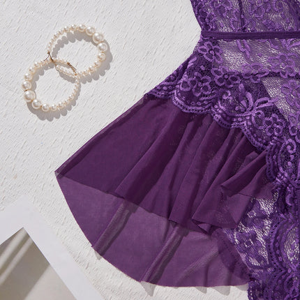Women Plus Size Purple Lace Halter Neck Bodysuit With Peplum Skirt