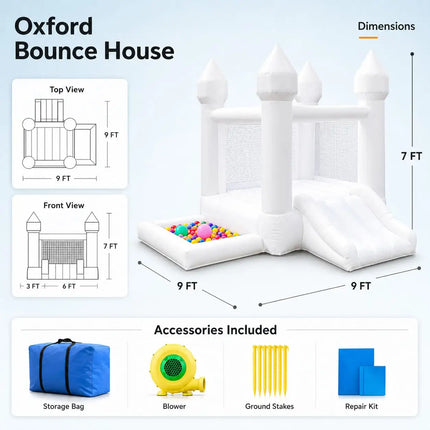 (Come with blower) 9x9x7ft Inflatable White Bounce Castle with Slide & Ball Pit For kids High‑Quality Oxford for Indoor and Outdoor Family at Birthdays and Celebration