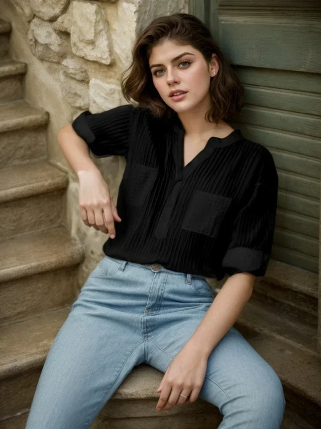 Plus Size Women's Shirts 2025 New Korean Style Loose Cotton Blouse Casual Mujer Office Long Sleeve Vertical V-neck Tops