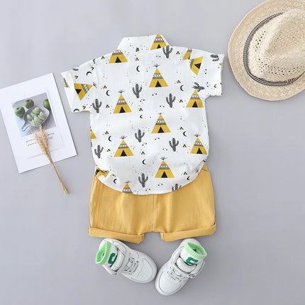 2PCS Children's Summer 100% Cotton Random Full Print Triangle Pattern Short Sleeved Stand up Collar Shirt and Shorts Set