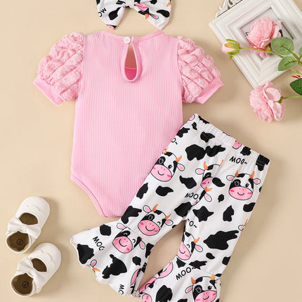 Baby Girl Pink Bodysuit, Cow-Print Flared Pants & Bow Headband Set