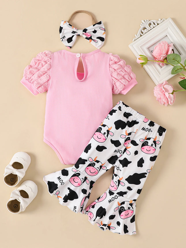 Baby Girl Pink Bodysuit, Cow-Print Flared Pants & Bow Headband Set
