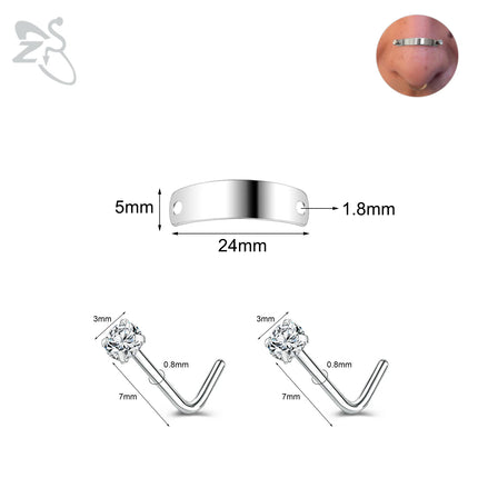 ZS 1 Set 24/30/35/40/45/50MM Stainelss Steel Nose Piercing For Men Women Punk Adjustable Nostril Bridge Piercings Body Jewelry
