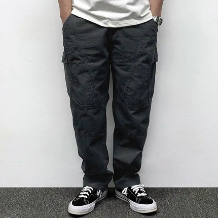 Autumn Men's Pants Multi-Pocket Cargo Pants Retro Solid Color Simple Loose Button Elastic Strap Casual Pants