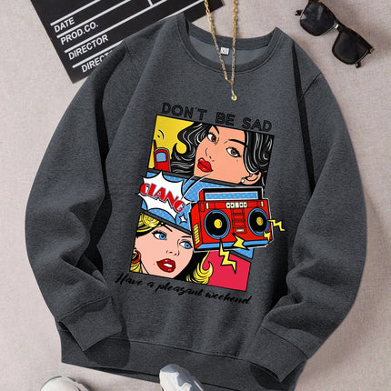 Cartoon Beauty Printing Sweatshirts For Womens Casual Comfortable Crewneck Hoodies Loose Fleece Warm Sportswear Clothes