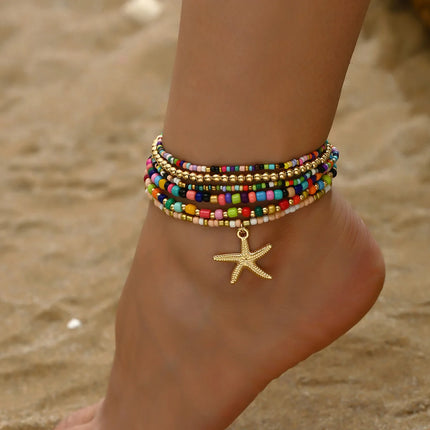 Multilayer Bohemia Rice Bead Anklet Set for Women Fashion Starfish Pendant Anklets Summer Sandy Beach Ankle Chain on Leg Jewelry
