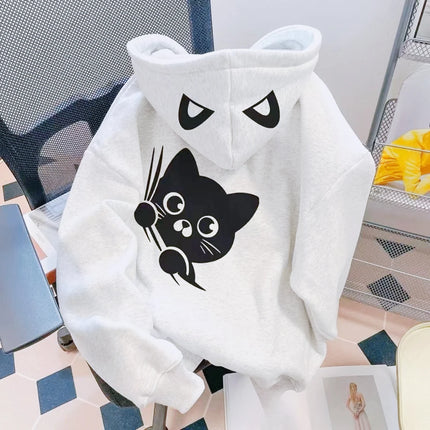 Black and White Cat Hat Print Pattern Print Autumn and Winter Fashion Casual Versatile Children's Top Hooded Sweatshirt