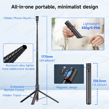 Auto Pop-Up Tripod Portable 70-Inch All-in-one Selfie Stick, Foldable Phone Holder with Bluetooth Remote for iPhone Android