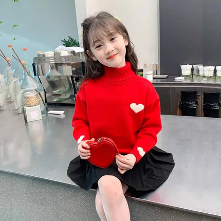 Girls' High Neck Velvet Winter Collection Children's Love Knitted Top Girls' Winter Thick Base Knitted Sweater