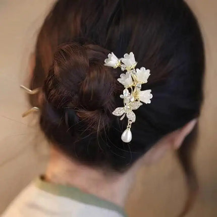 Chinese Hanfu Hair Accessories Long Tassel Vintage Lily Of The Valley U-shaped Hairpins Flower Handmade Hair Sticks For Women