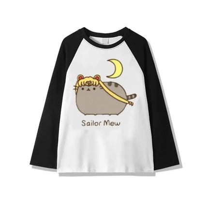 Japanese Polka Dot Cute Lazy Cat Print Loose T-shirt Aesthetics Kawaii Cartoon Tops Women's Sweet Harajuku Grunge Tees Y2k Tops