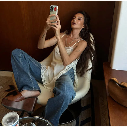 Women Lace Patchwork Sling Top Sexy V-neck Sleeveless Side Split Solid Color Vest 2025 New Summer Lady Party Vacation Tops