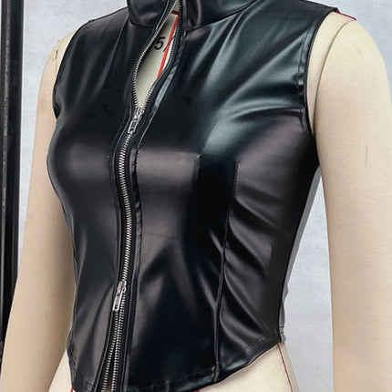 Sexy black zipper leather crop top women clothing summer body PU tank tops woman vintage gothic clothes streetwear top outfit