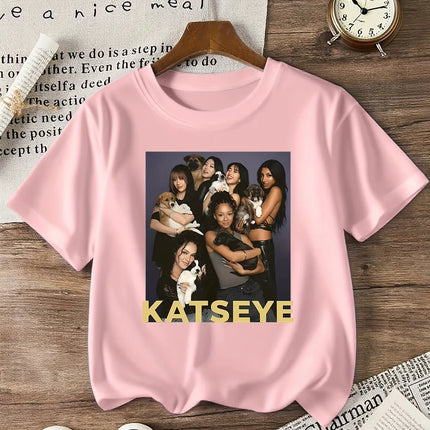 KATSEYE Printed Design T-Shirt Casual Short Sleeve Crew Neck Suitable for Children Men and Women Cotton Top